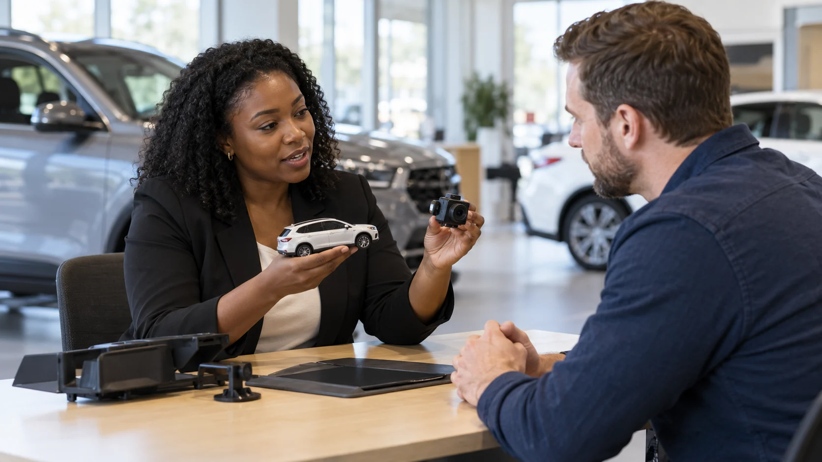 Safety educator discussing a vehicle sensor and model car at a demonstration desk.