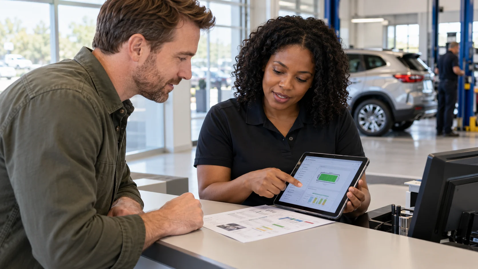 Vehicle owner and service advisor reviewing a battery assessment at a service desk.