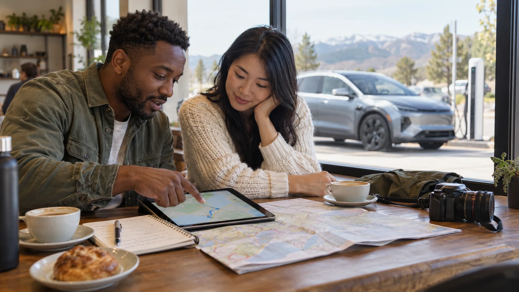 Electric-car owners planning a journey with charging-route information.