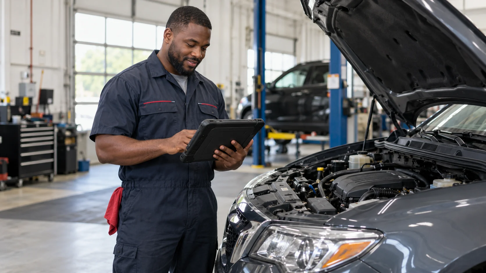 Automotive technician reviewing a diagnostic tablet beside a stationary vehicle.