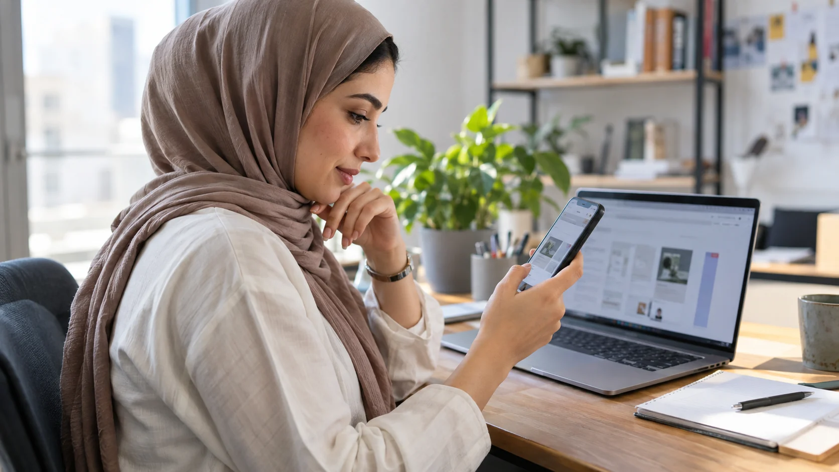 Advertising specialist checking a campaign landing page on a smartphone.