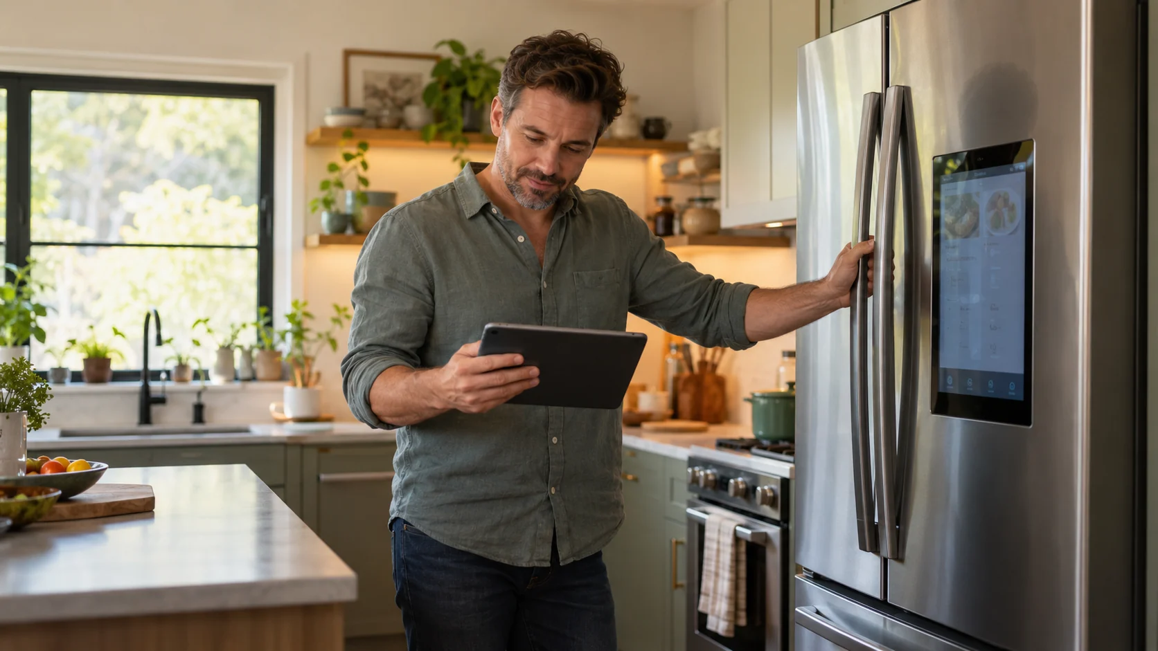 Homeowner checking appliance compatibility on a tablet beside a refrigerator.