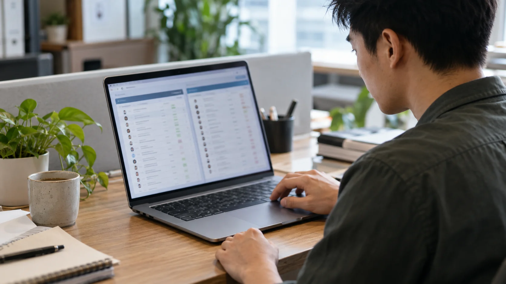 Data specialist checking customer records for duplicates on a laptop.