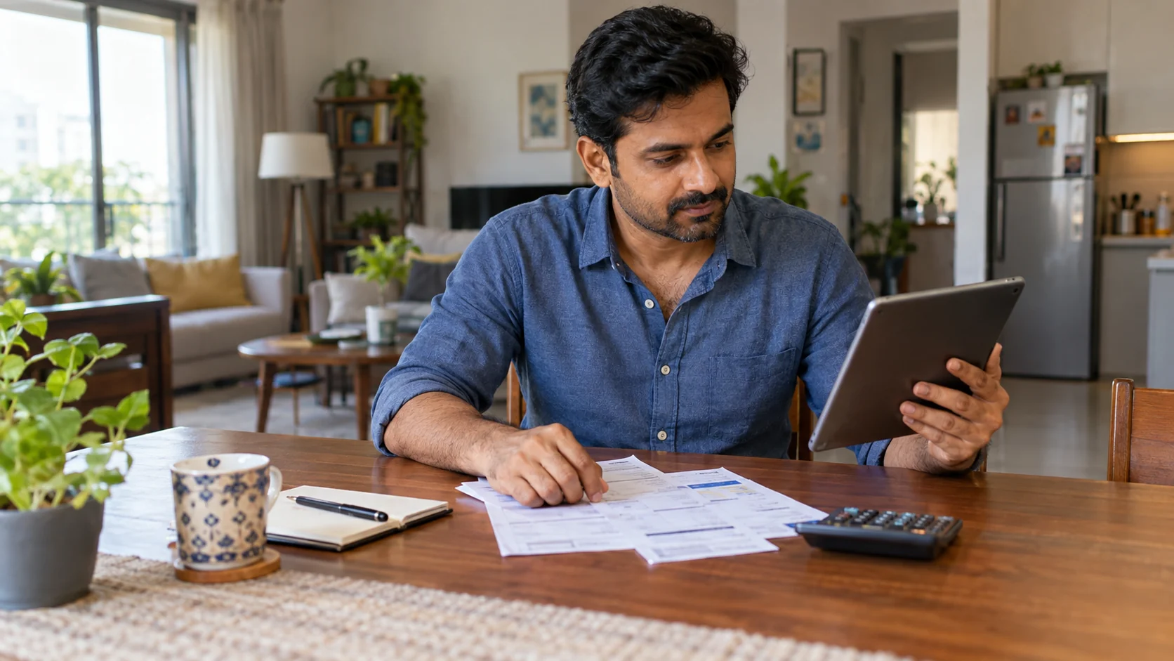 Homeowner reviewing household energy information on a tablet beside a utility bill.