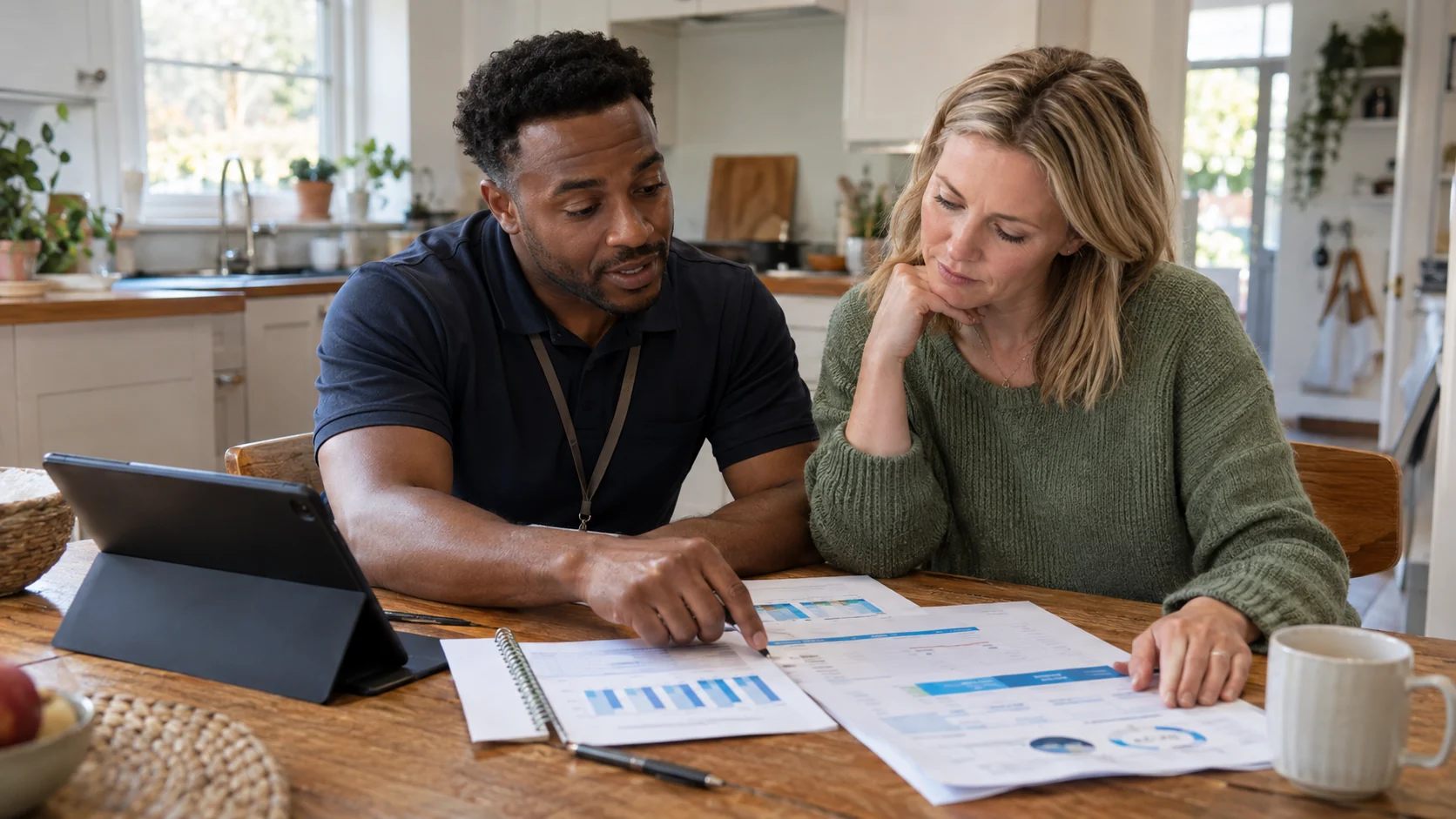 Homeowner and energy advisor comparing electricity charts at a kitchen table.
