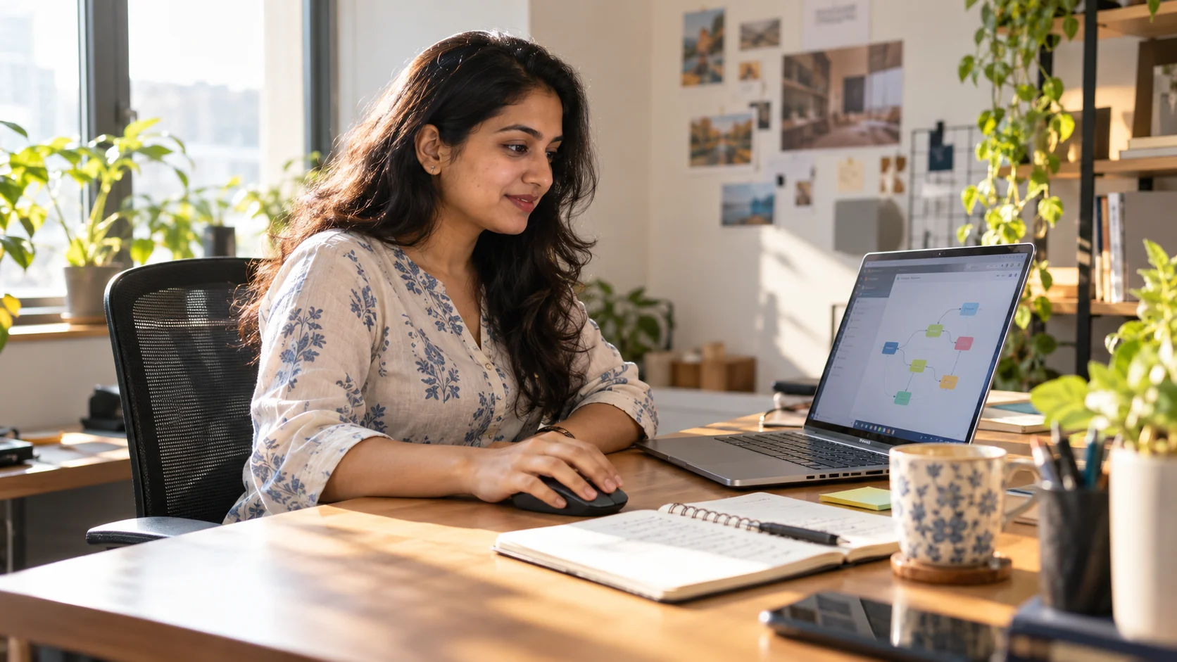 Marketing professional working on a campaign automation workflow at a sunlit desk.