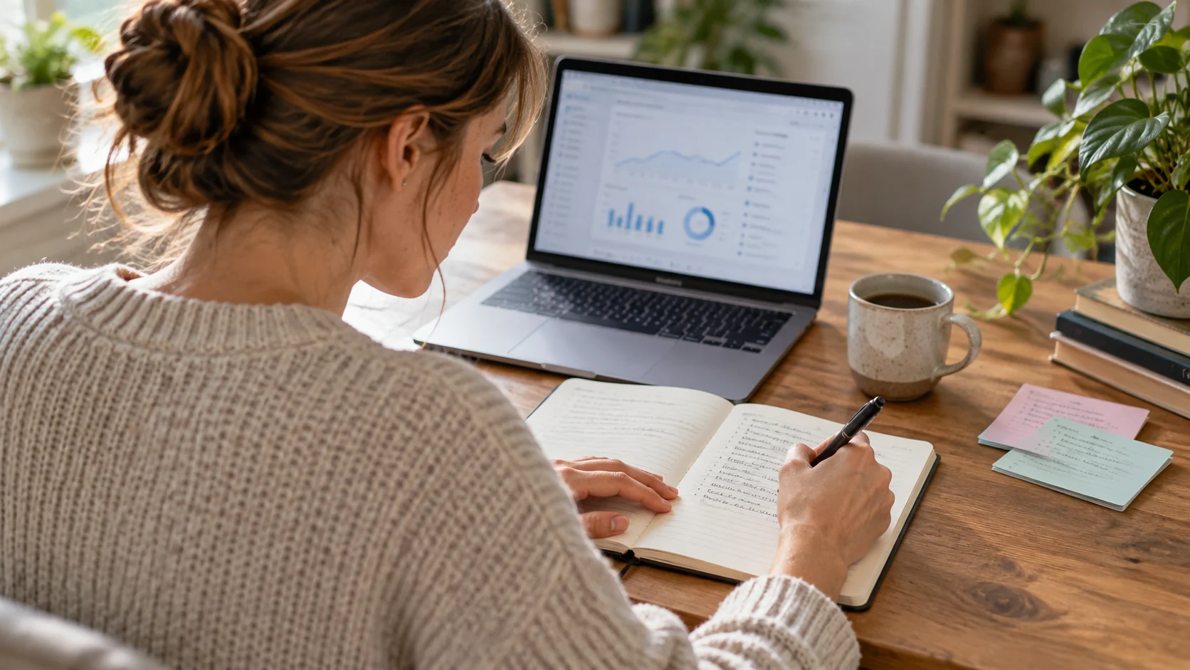 Analytics specialist writing event definitions beside a laptop.