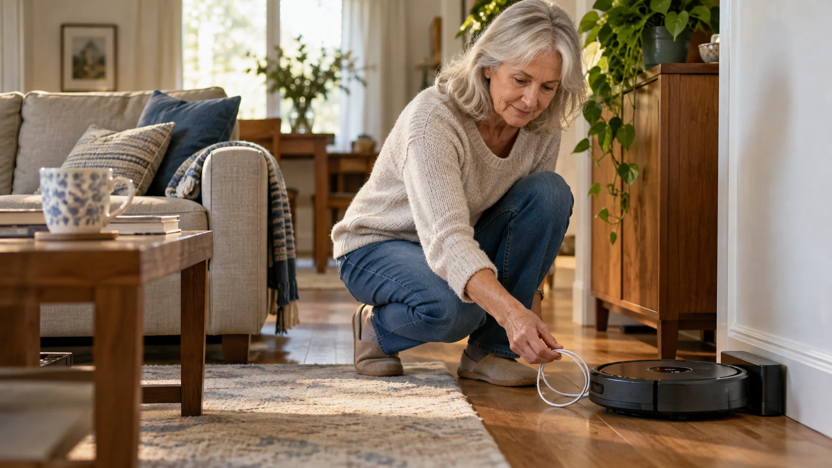 Homeowner clearing a cable before a robot vacuum cleaning routine.