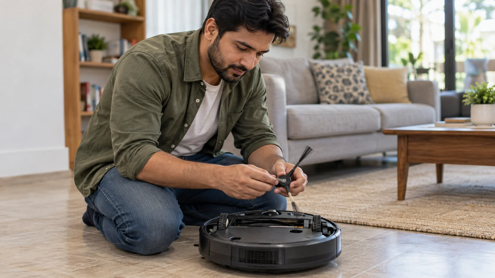 Homeowner maintaining a robot vacuum brush on a living room floor.