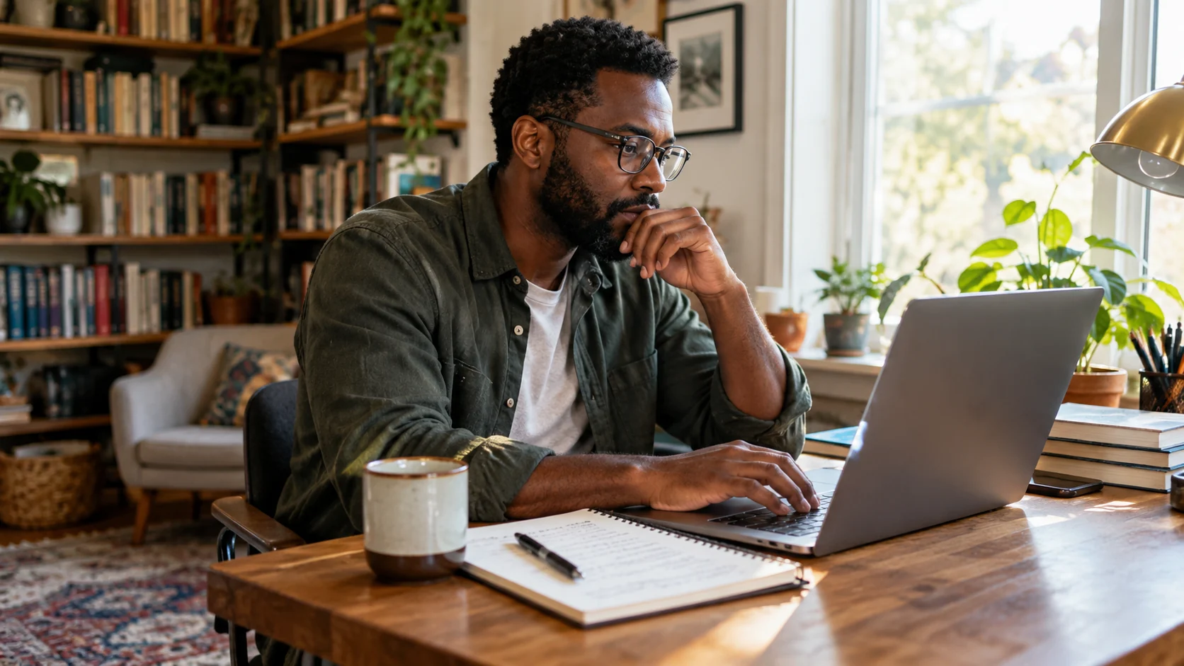 Content editor writing an article at a laptop in a home studio.