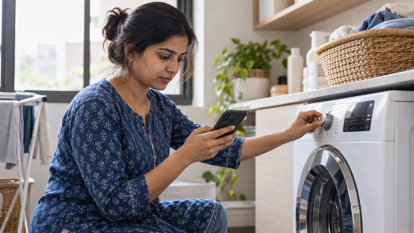 Homeowner comparing a washing machine control dial with a smartphone.