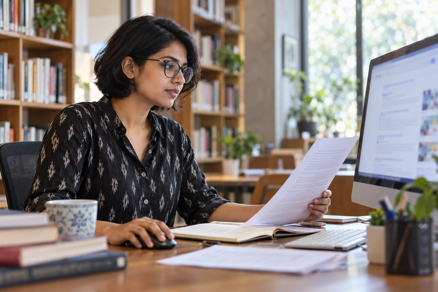 A content editor reviews a printed draft beside a desktop search interface in a quiet workspace. AI-generated editorial illustration.