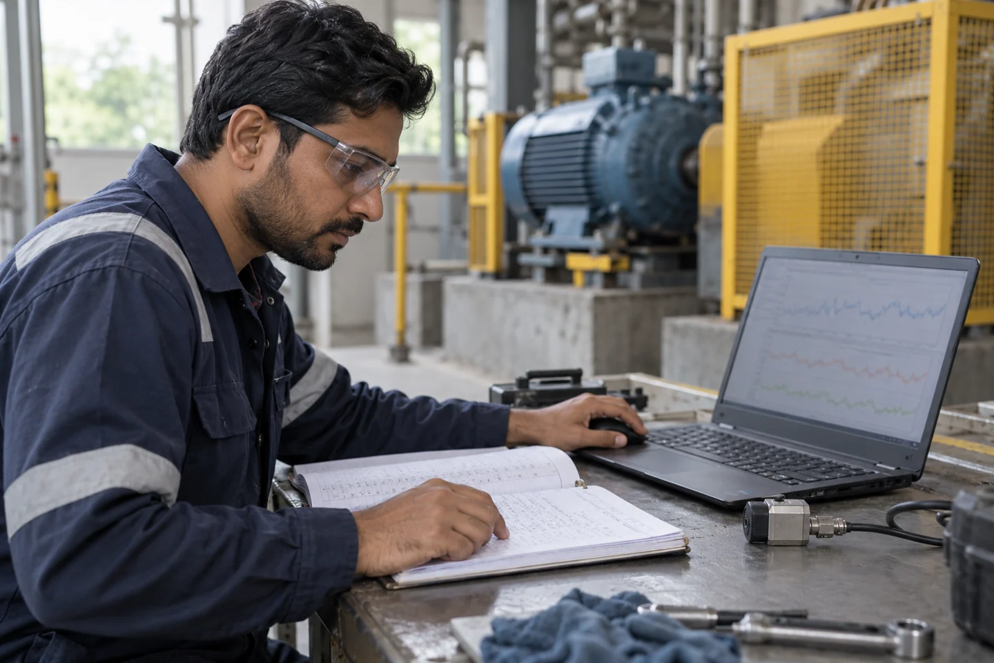 A technician compares a maintenance log with trend information at a workshop desk. AI-generated editorial illustration.