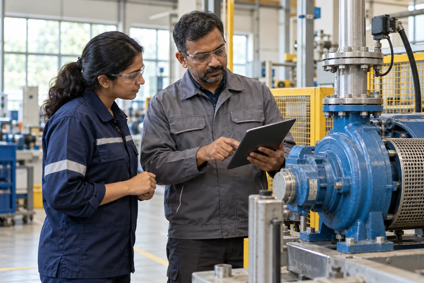 A manufacturing engineer and production supervisor review a tablet beside guarded stationary factory equipment. AI-generated editorial illustration.