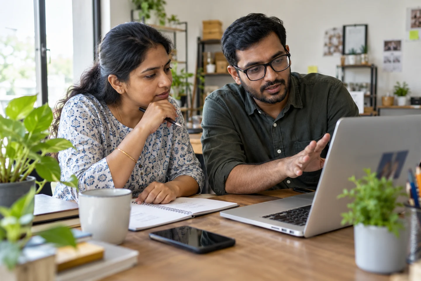 A business owner and an SEO consultant discuss a website and a planning notebook in a daylight office. AI-generated editorial illustration.
